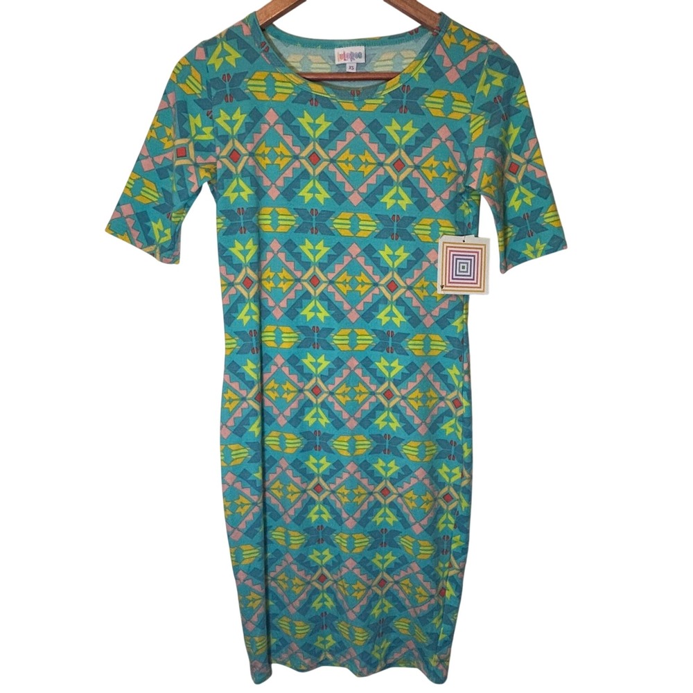 LulaRoe Julia Dress Size XS Bright Colored Aztec Design 1/2 Sleeve NWT